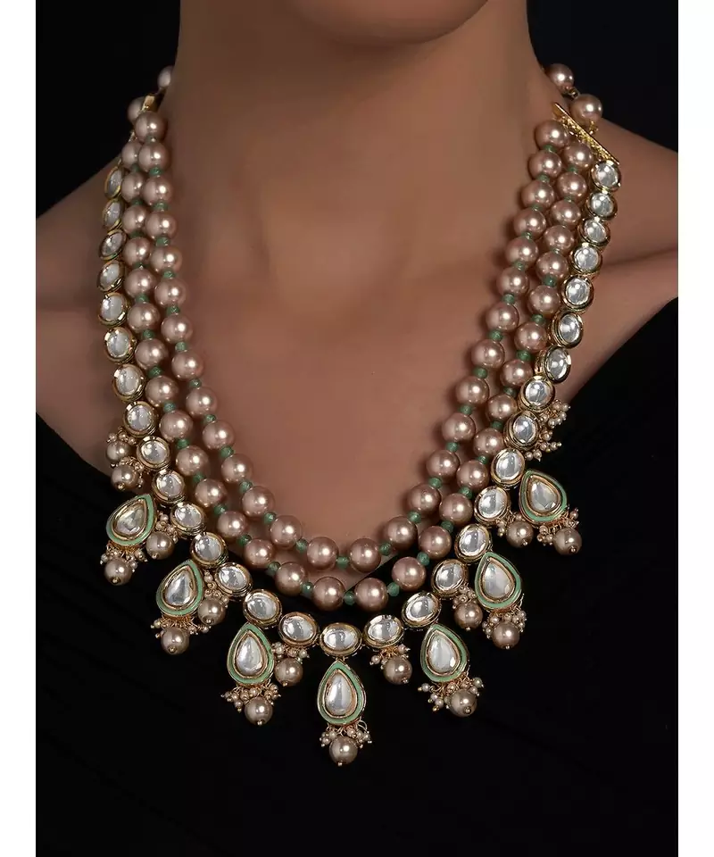 Hydro Kundan Polki Brown Green Necklace with Shell Pearls