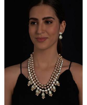 Hydro Kundan Polki Brown Green Necklace with Shell Pearls 2