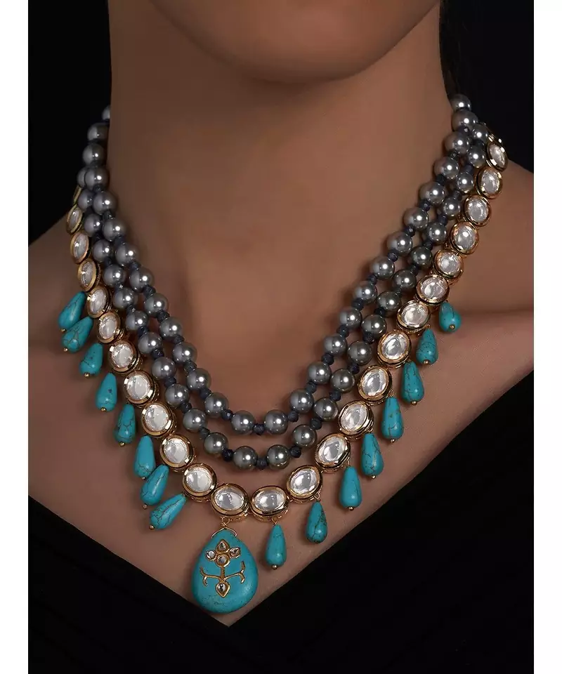 Hydro Kundan Polki Grey and Blue Neckalce