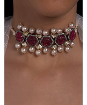 Pink Carved Stones Neckalce on Off White Silk Thread 1