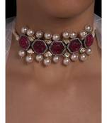 Pink Carved Stones Neckalce on Off White Silk Thread