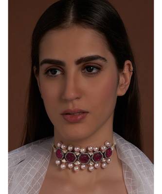 Pink Carved Stones Neckalce on Off White Silk Thread 2
