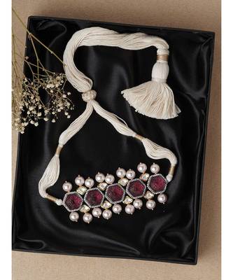 Pink Carved Stones Neckalce on Off White Silk Thread 3