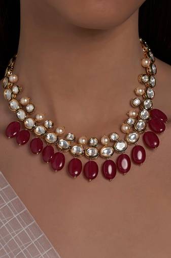 Hydro Kundan Polki Necklace with Red Agate Drops
