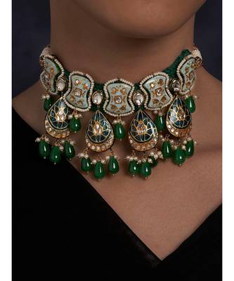 Meenakari Blue and Green Necklace with Agate Drops 1
