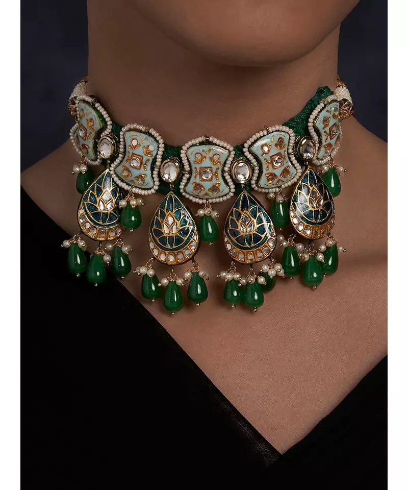 Meenakari Blue and Green Necklace with Agate Drops