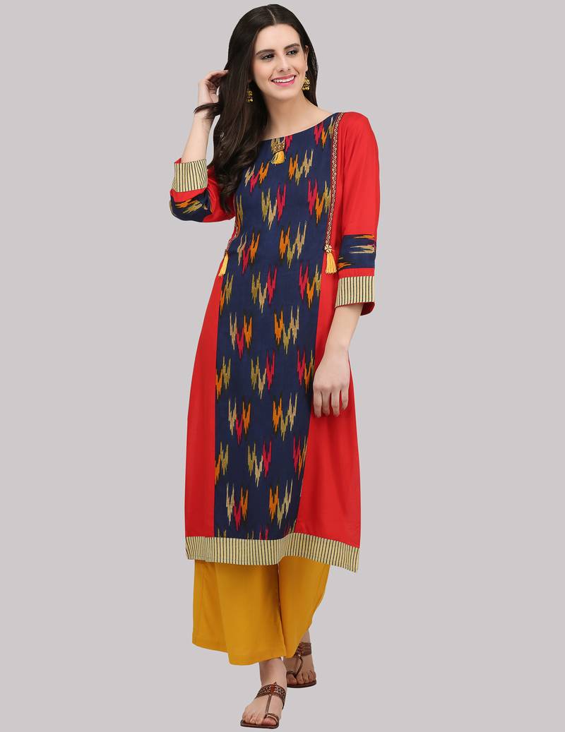 Red Rayon printed QUARTER SLEEVE kurti