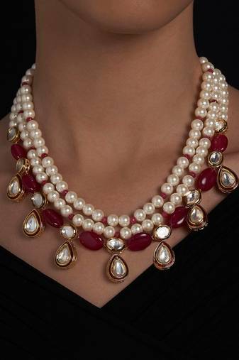Hydro Kundan Polki Red and White Necklace