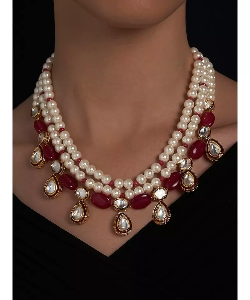 Hydro Kundan Polki Red and White Necklace
