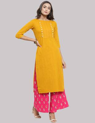 Yellow Cotton plain QUARTER SLEEVE kurti 1