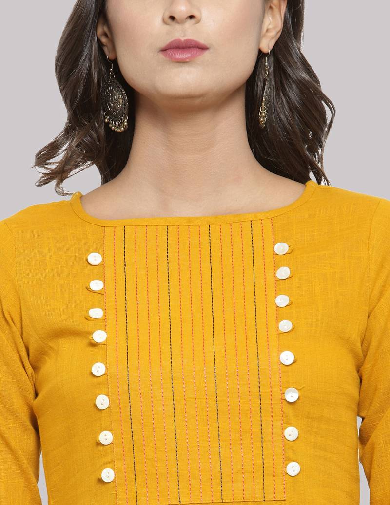 Yellow Cotton plain QUARTER SLEEVE kurti