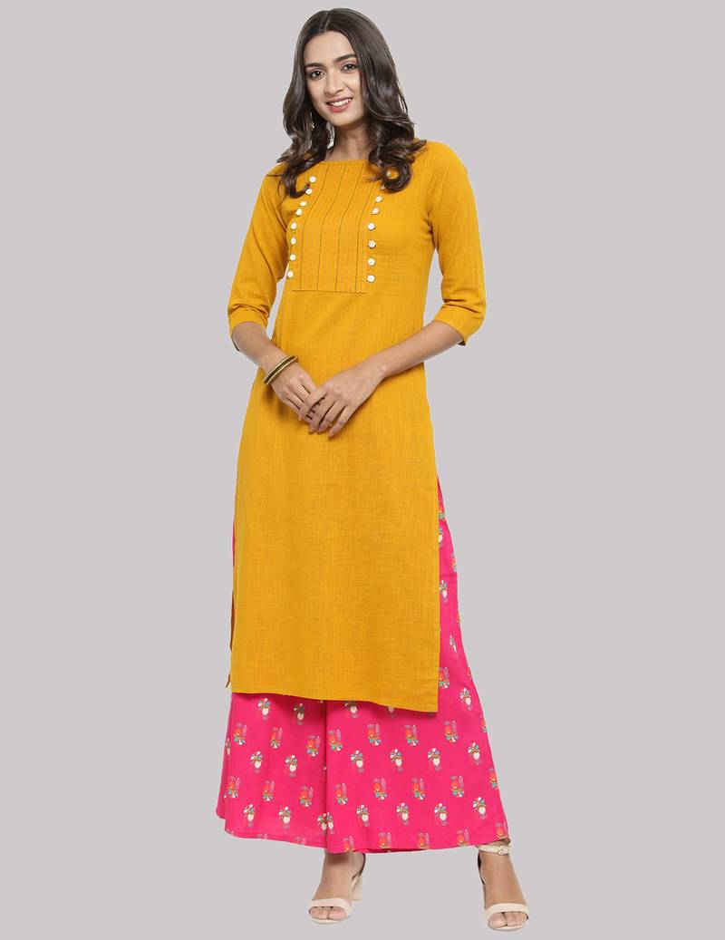 Yellow Cotton plain QUARTER SLEEVE kurti