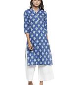 Blue Cotton printed QUARTER SLEEVE kurti