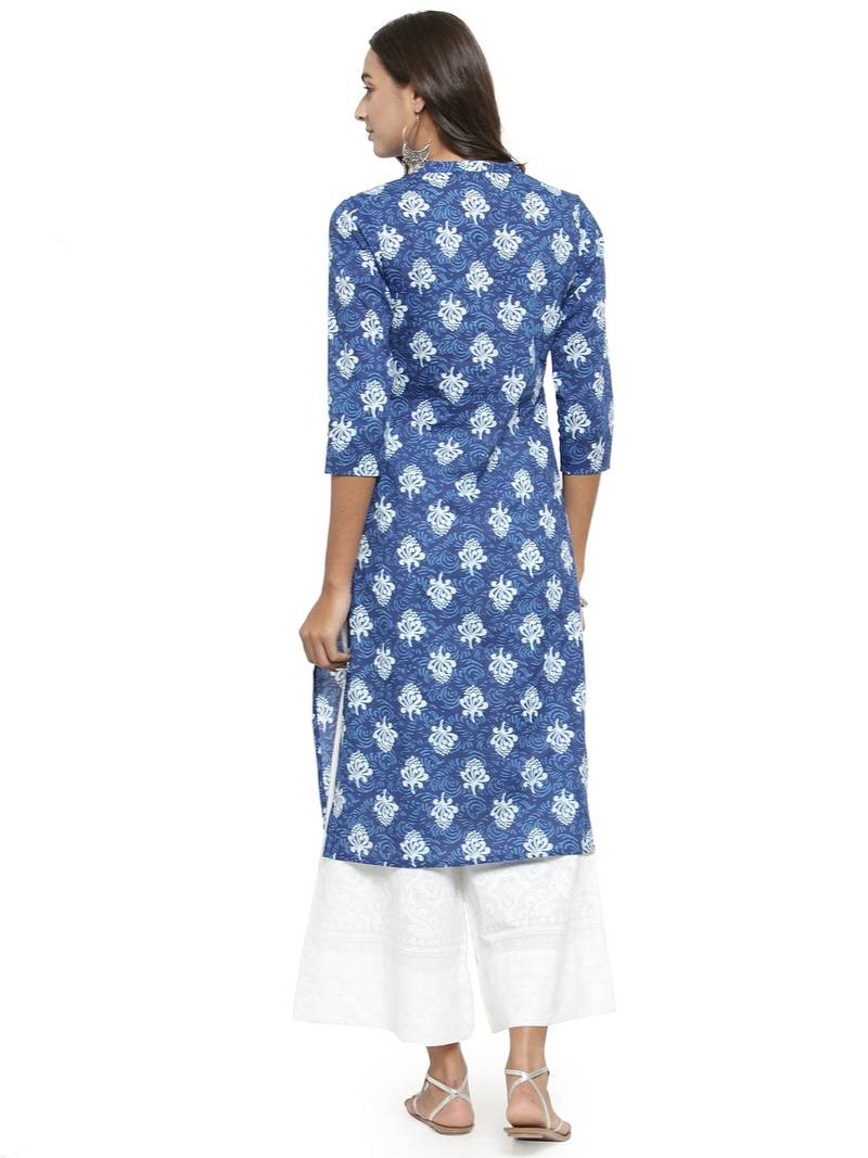 Blue Cotton printed QUARTER SLEEVE kurti