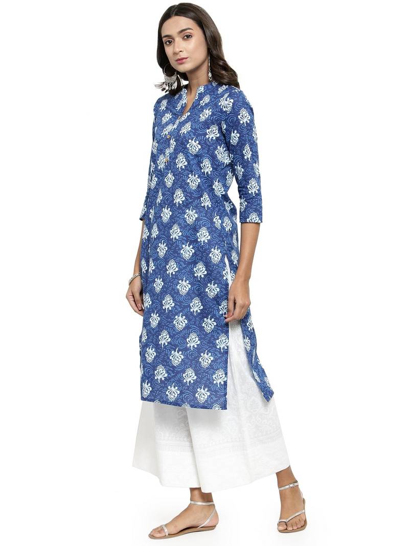 Blue Cotton printed QUARTER SLEEVE kurti