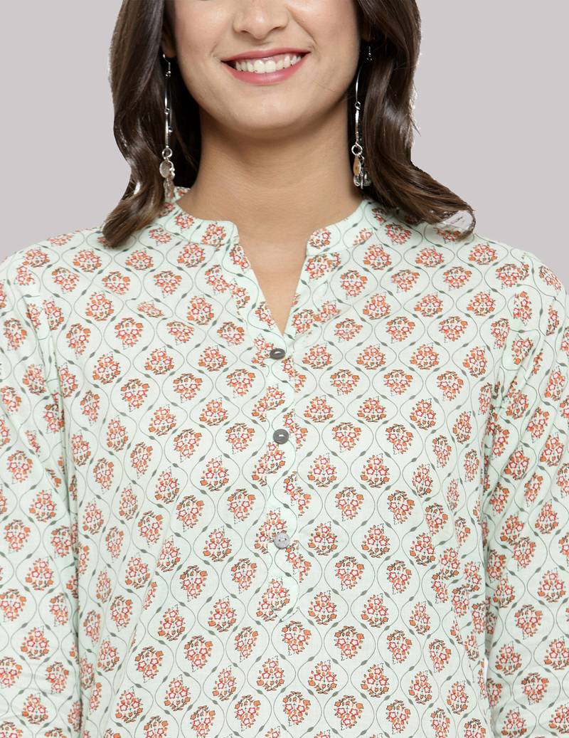 White Cotton printed QUARTER SLEEVE kurti