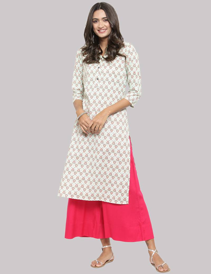 White Cotton printed QUARTER SLEEVE kurti