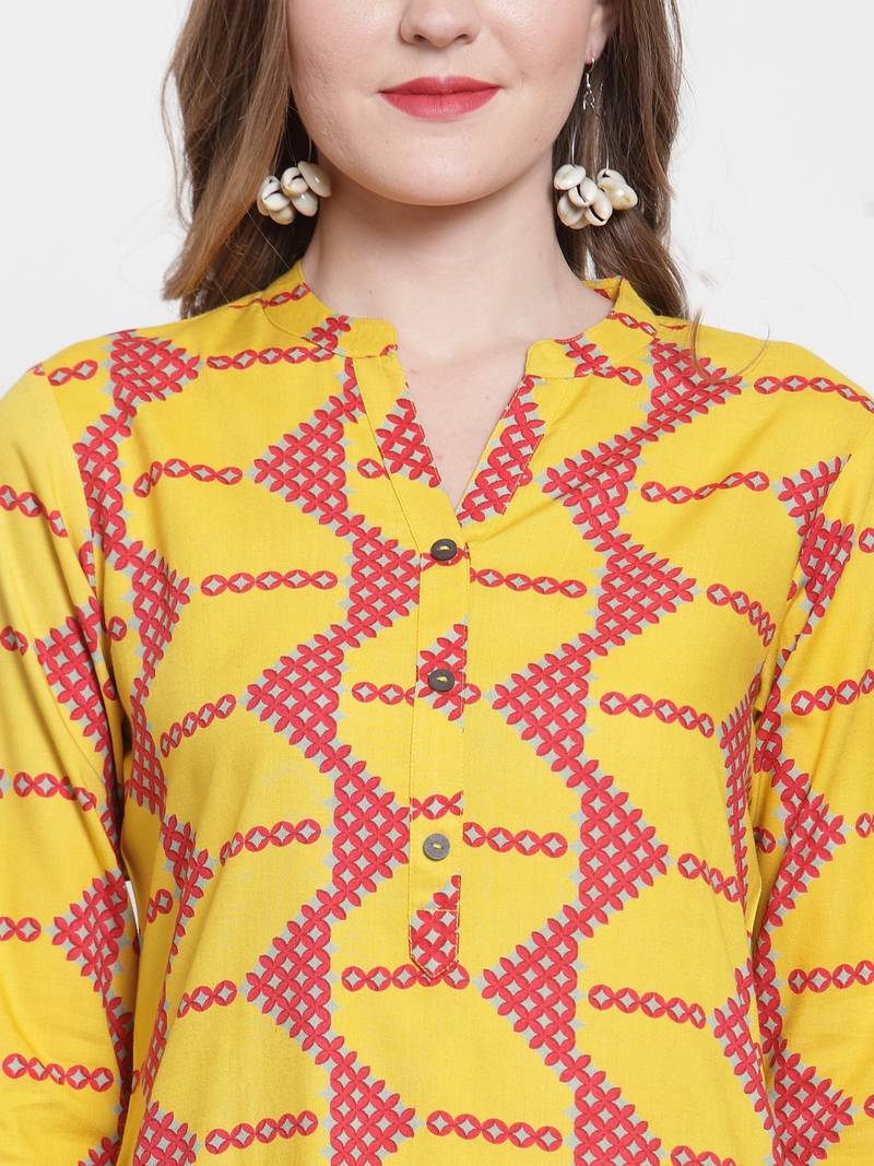 Yellow Rayon printed QUARTER SLEEVE kurti