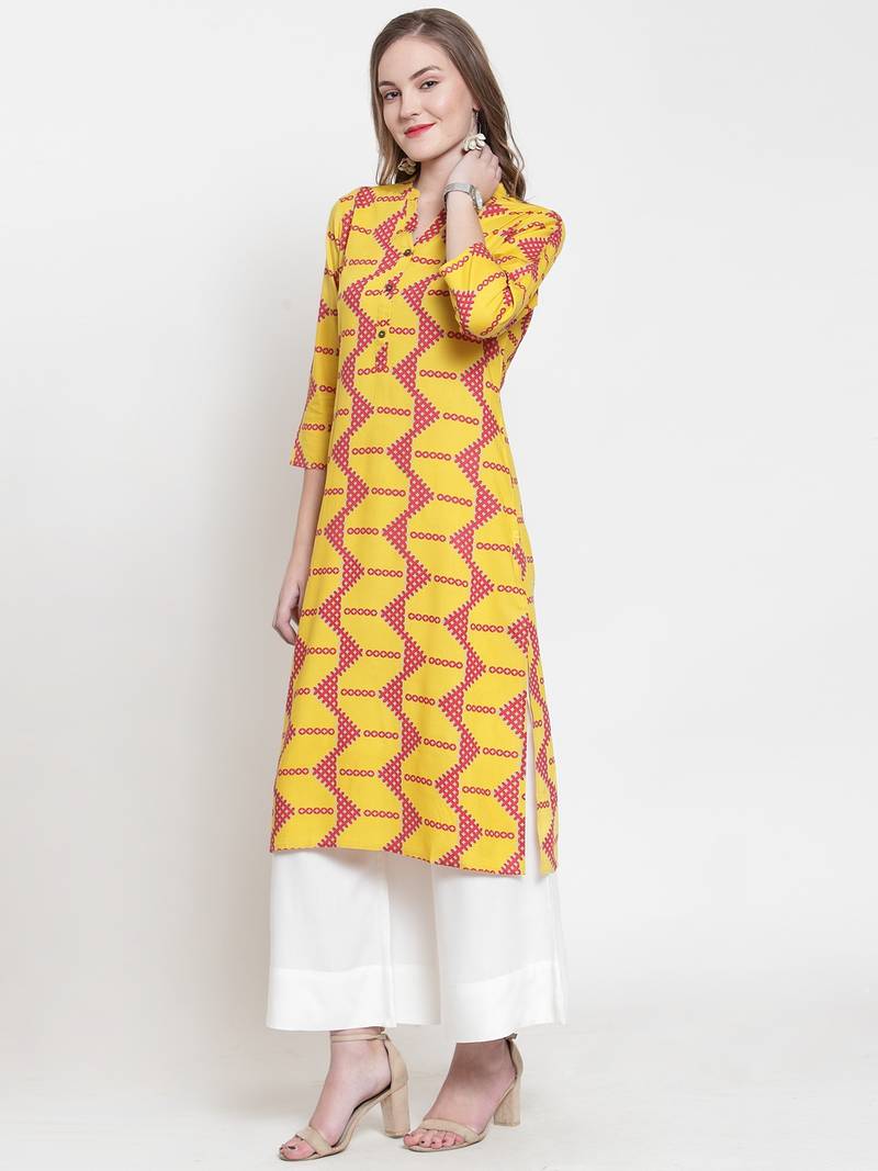 Yellow Rayon printed QUARTER SLEEVE kurti