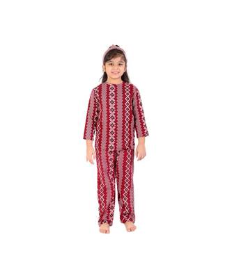 Chakori Fleece Round Neck Animal Print Night Suit with Frill Pants  Red 3