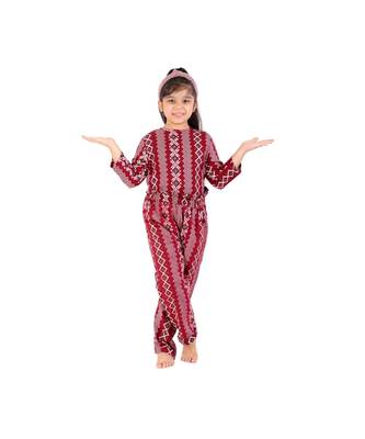 Chakori Fleece Round Neck Animal Print Night Suit with Frill Pants  Red 4
