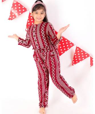 Chakori Fleece Round Neck Animal Print Night Suit with Frill Pants  Red 5