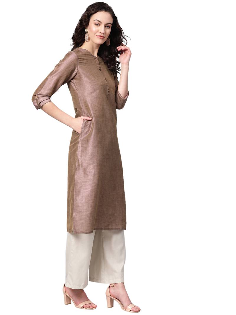 Brown Silk plain QUARTER SLEEVE kurti