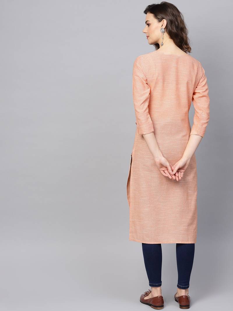 Beige Cotton Striped QUARTER SLEEVE kurti