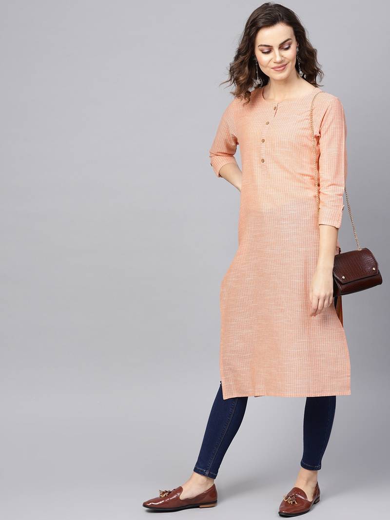 Beige Cotton Striped QUARTER SLEEVE kurti