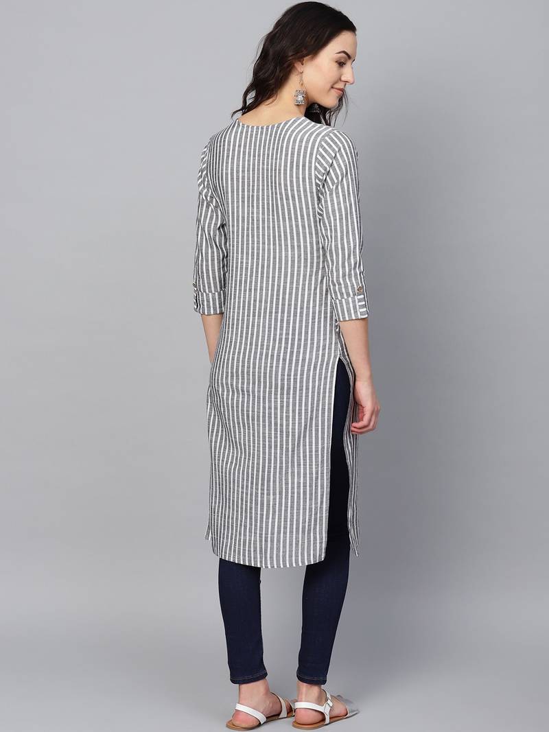 Grey Cotton Striped QUARTER SLEEVE kurti