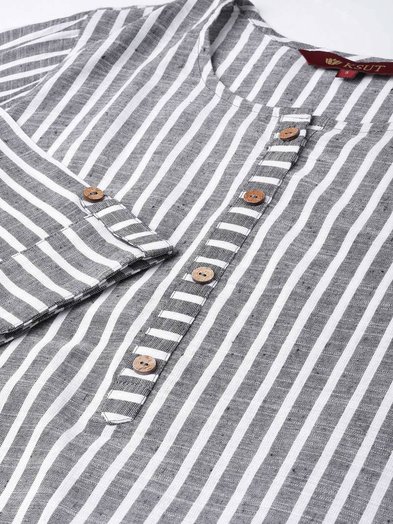 Grey Cotton Striped QUARTER SLEEVE kurti
