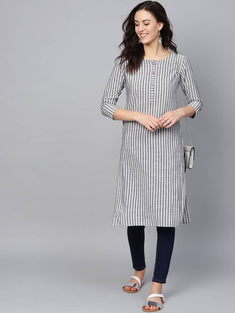 Grey Cotton Striped QUARTER SLEEVE kurti