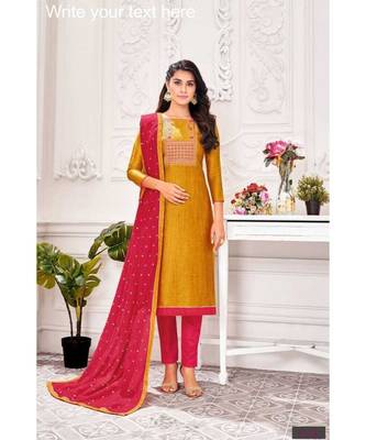 Saffron Yellow embroidery banarasi silk unstitch straight fit churidar salwar suits 1