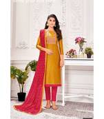 Saffron Yellow embroidery banarasi silk unstitch straight fit churidar salwar suits