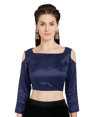Navy Blue Solid Art Silk Readymade Party Saree Blouse 1