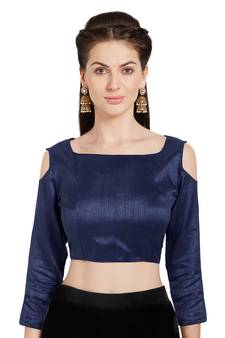 Navy Blue Solid Art Silk Readymade Party Saree Blouse