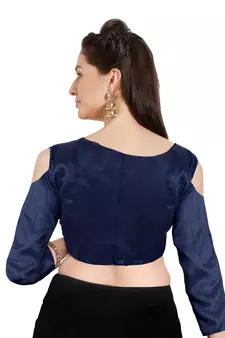 Navy Blue Solid Art Silk Readymade Party Saree Blouse