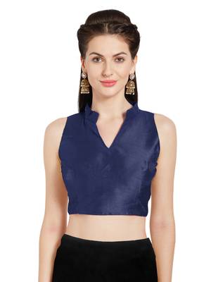 Navy Blue Solid Art Silk Readymade Party Saree Blouse 1