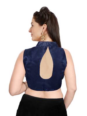 Navy Blue Solid Art Silk Readymade Party Saree Blouse 2