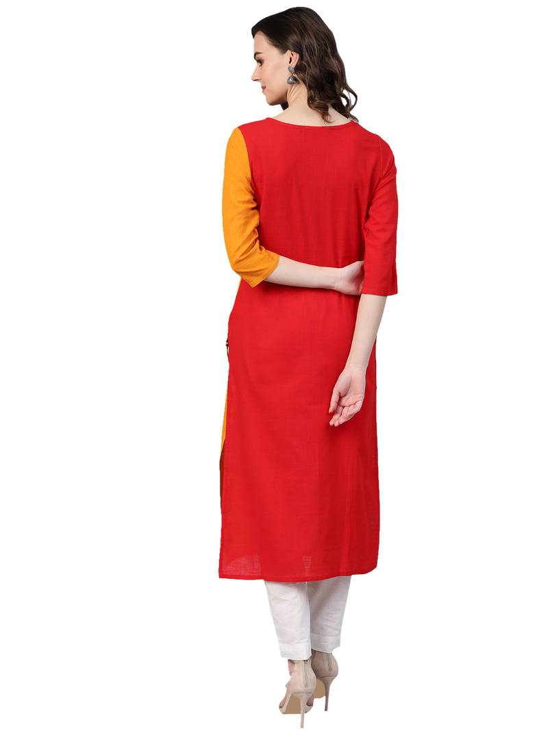 Red Cotton printed QUARTER SLEEVE kurti