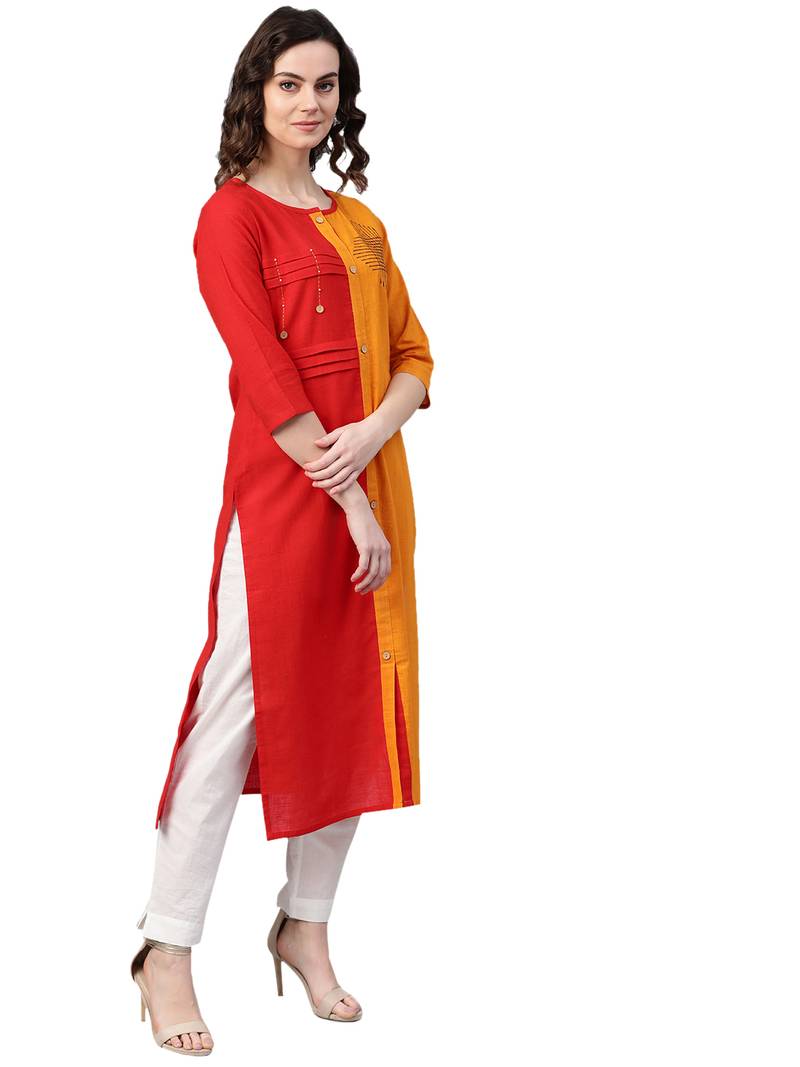 Red Cotton printed QUARTER SLEEVE kurti