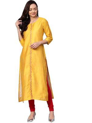 Yellow Art Silk plain QUARTER SLEEVE kurti 1