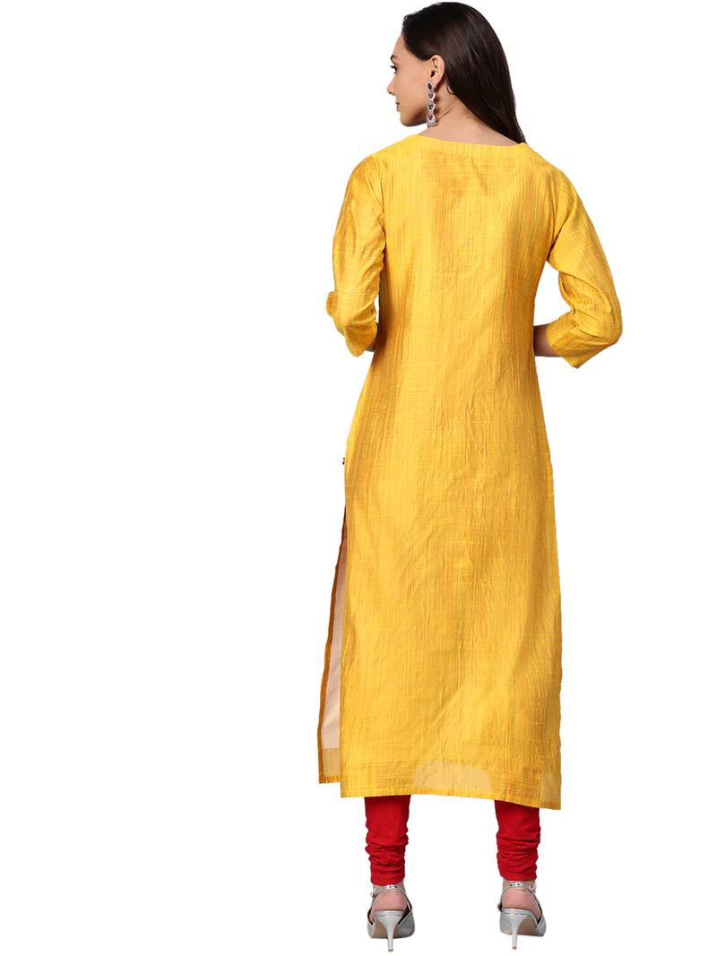 Yellow Art Silk plain QUARTER SLEEVE kurti