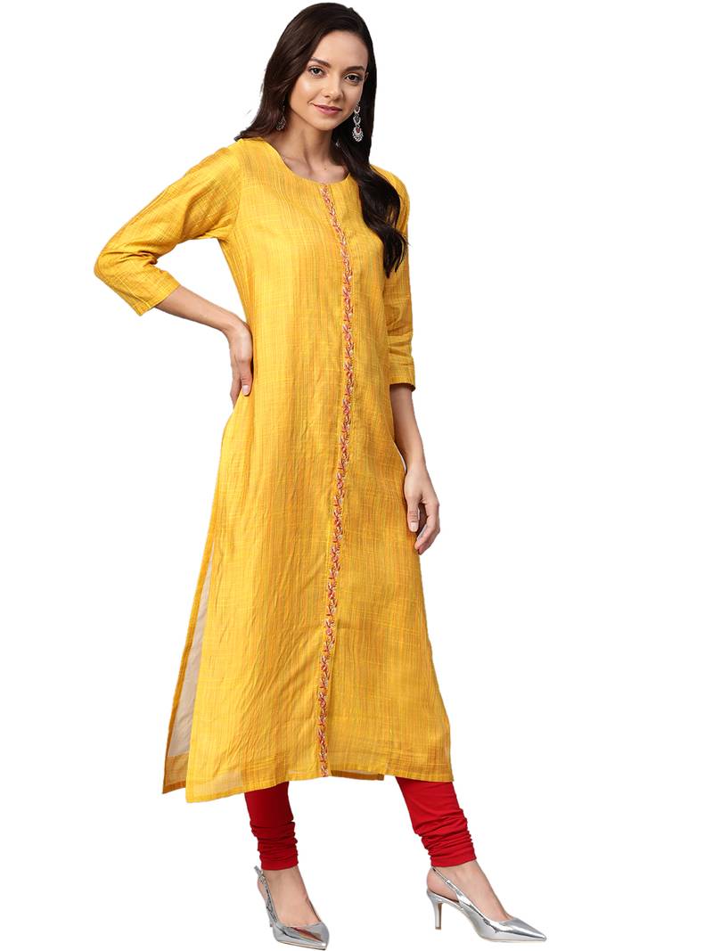 Yellow Art Silk plain QUARTER SLEEVE kurti