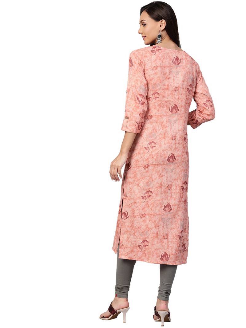 Peach Cotton printed QUARTER SLEEVE kurti