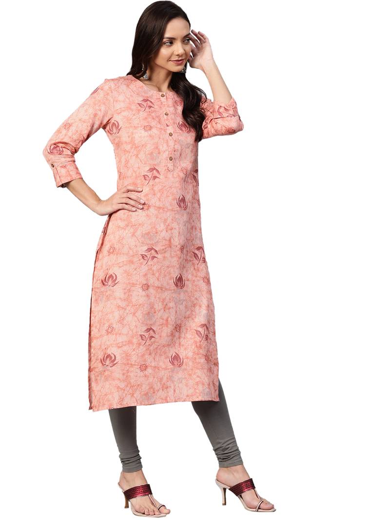 Peach Cotton printed QUARTER SLEEVE kurti