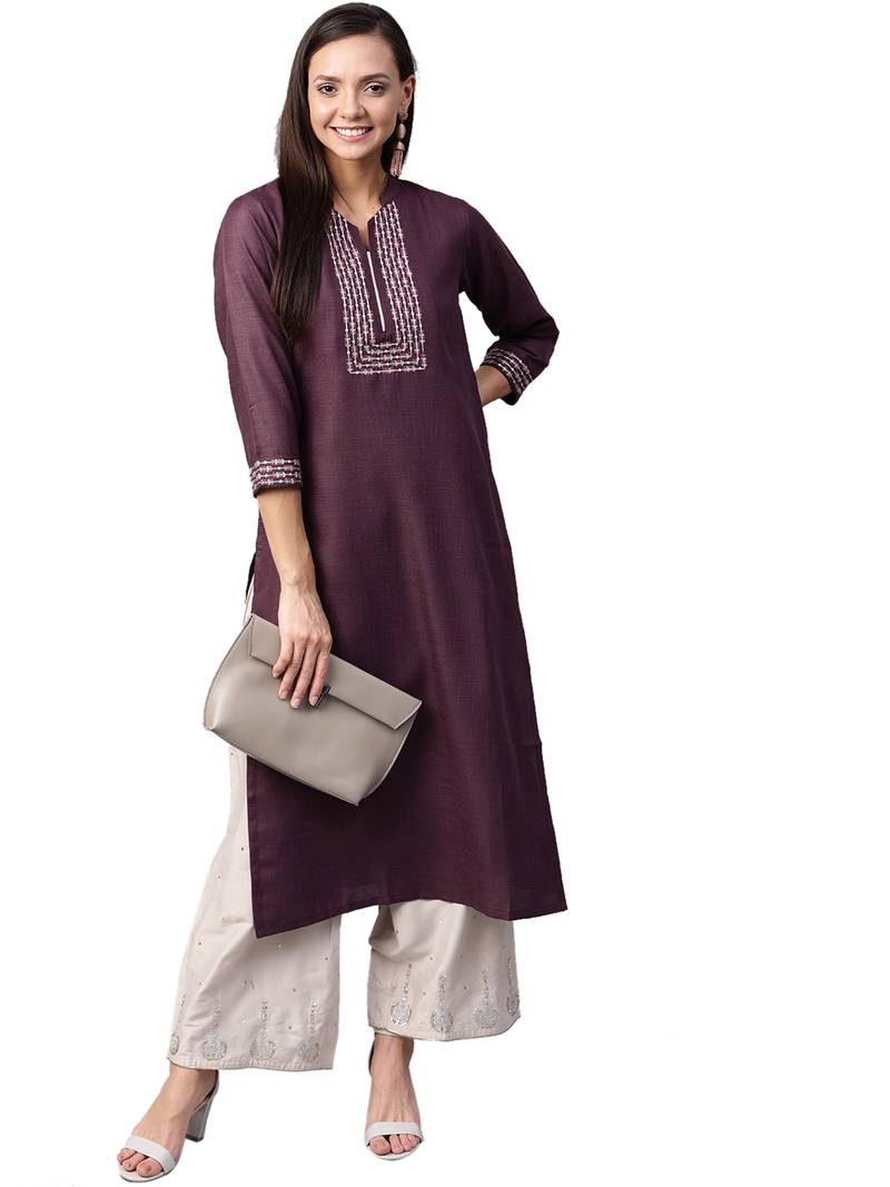 Purple Cotton plain QUARTER SLEEVE kurti