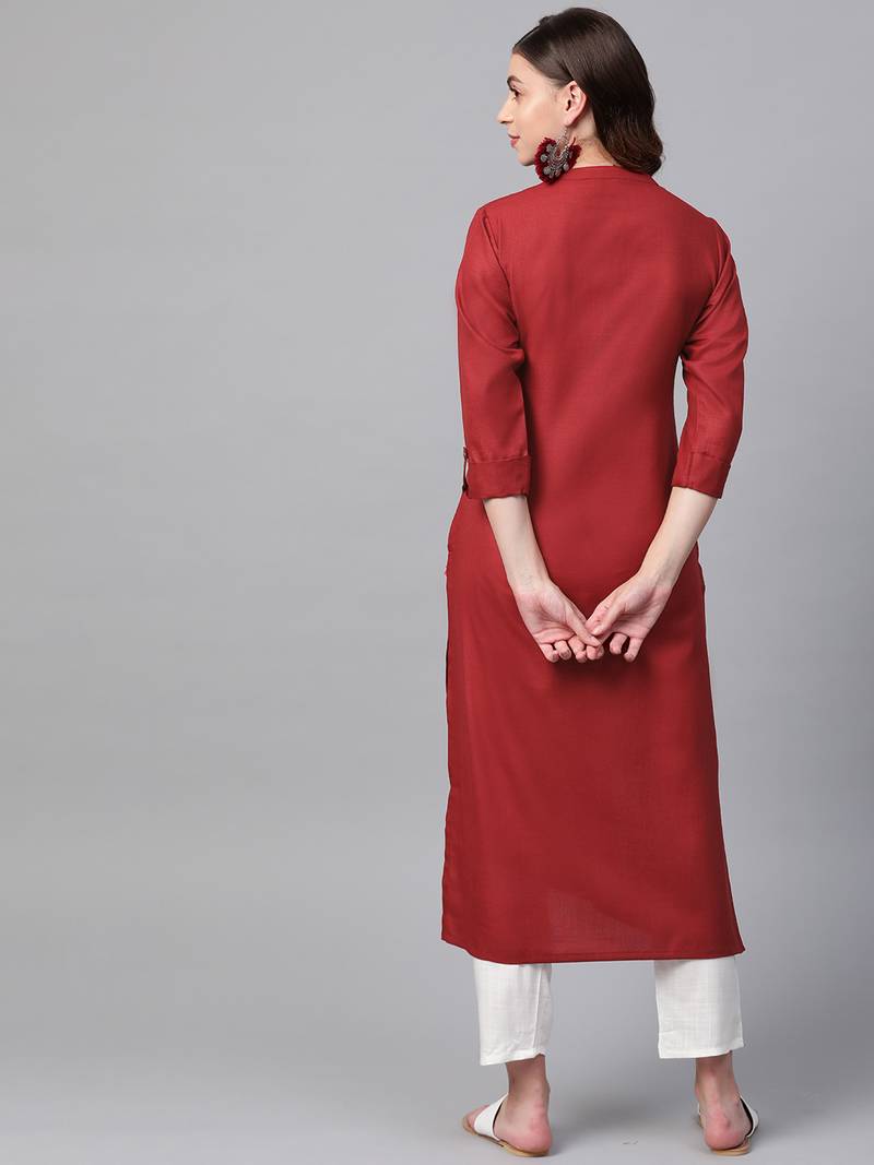 Maroon Cotton plain QUARTER SLEEVE kurti