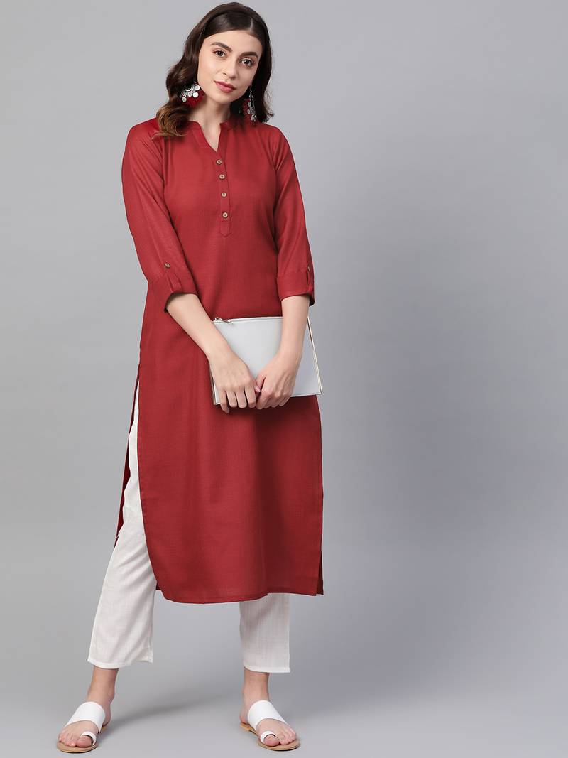 Maroon Cotton plain QUARTER SLEEVE kurti