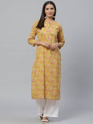 Yellow Cotton printed QUARTER SLEEVE kurti 1